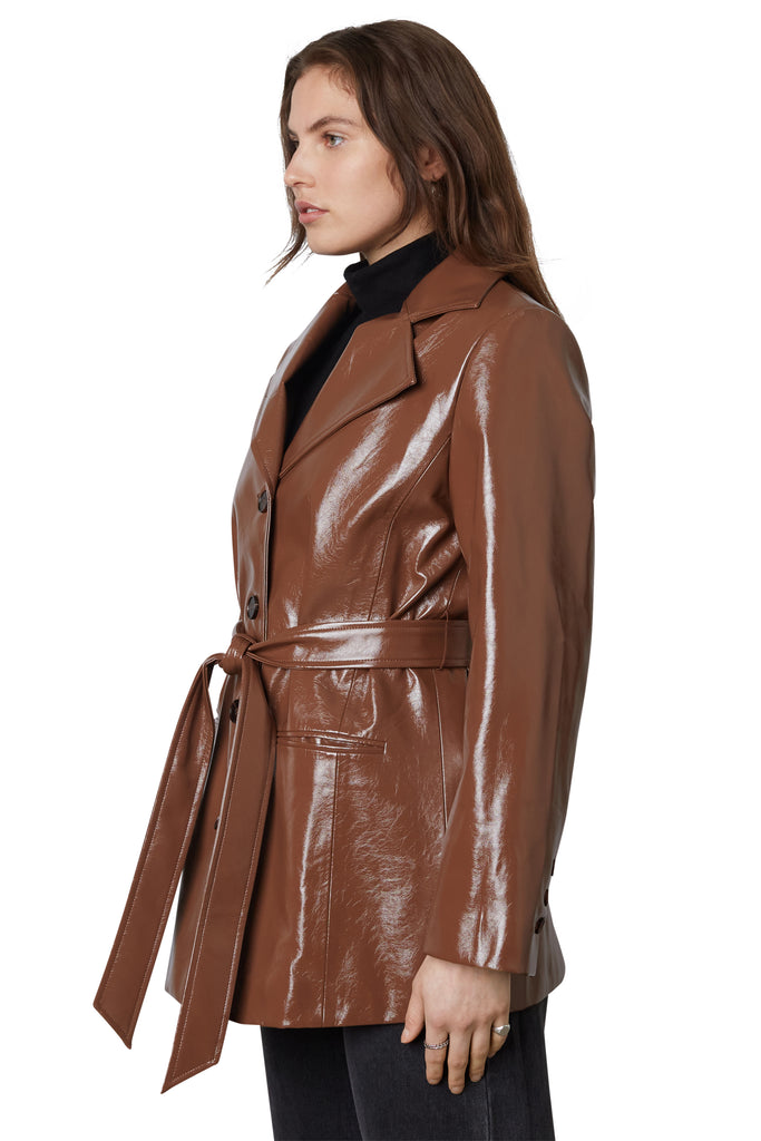emilio patent trench in milk chocolate side view