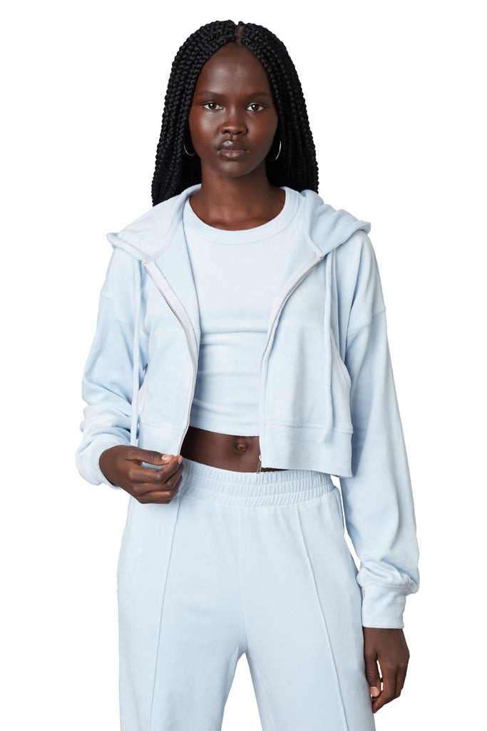 Cropped Velour Hoodie in chambray front view 1