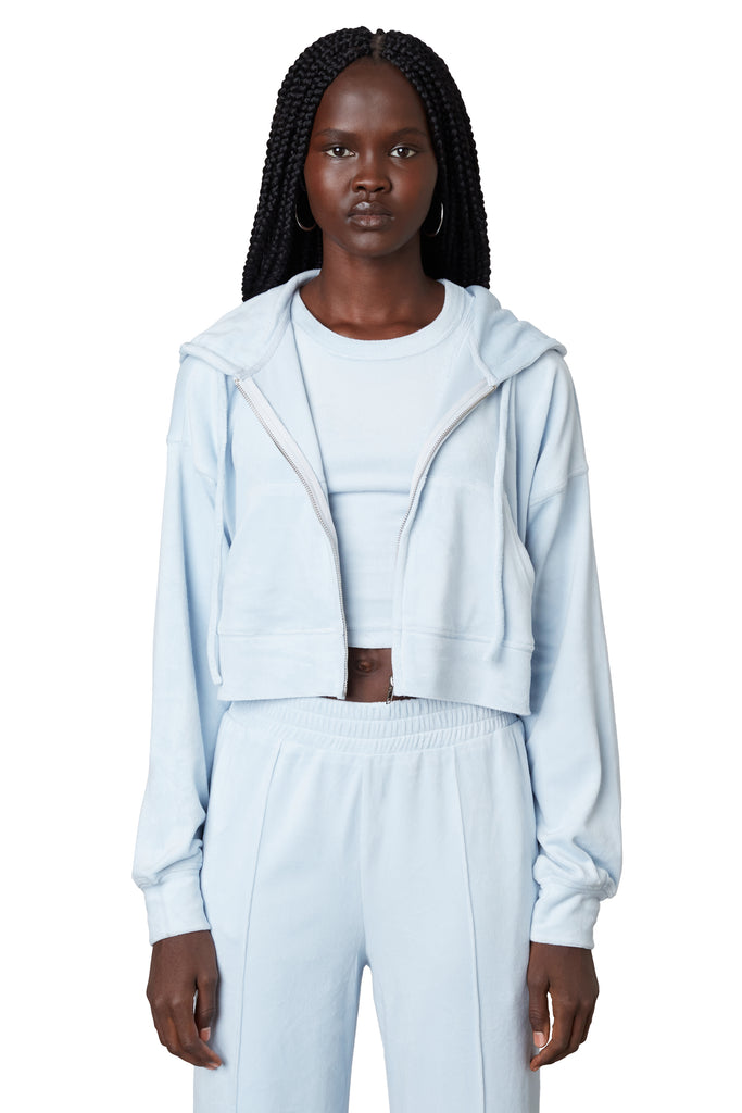 Cropped Velour Hoodie in chambray front view 2