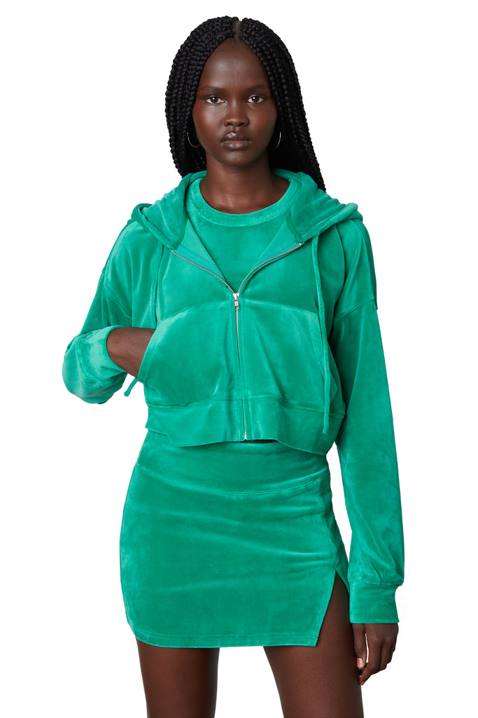 Cropped velour hoodie in ming green front 