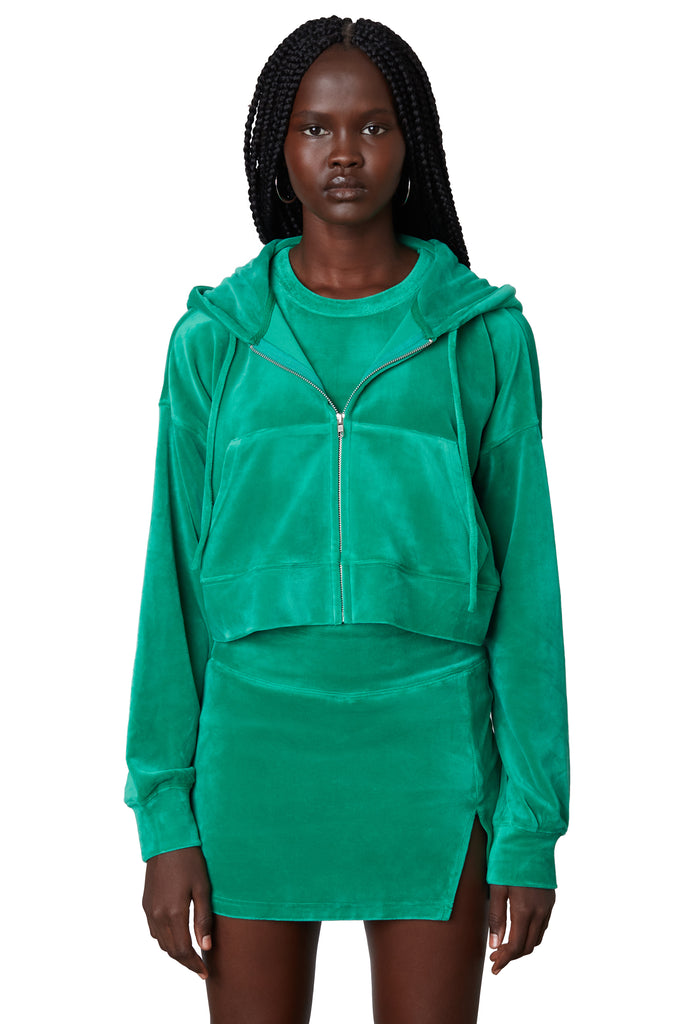 Cropped velour hoodie in ming green front 2