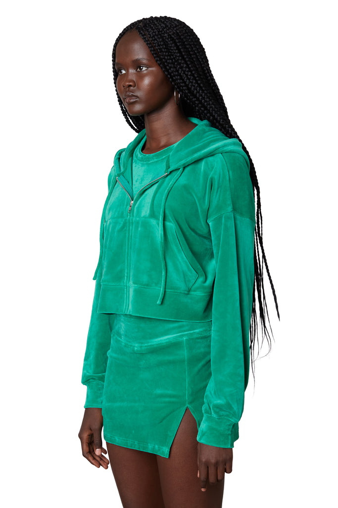 Cropped velour hoodie in ming green side