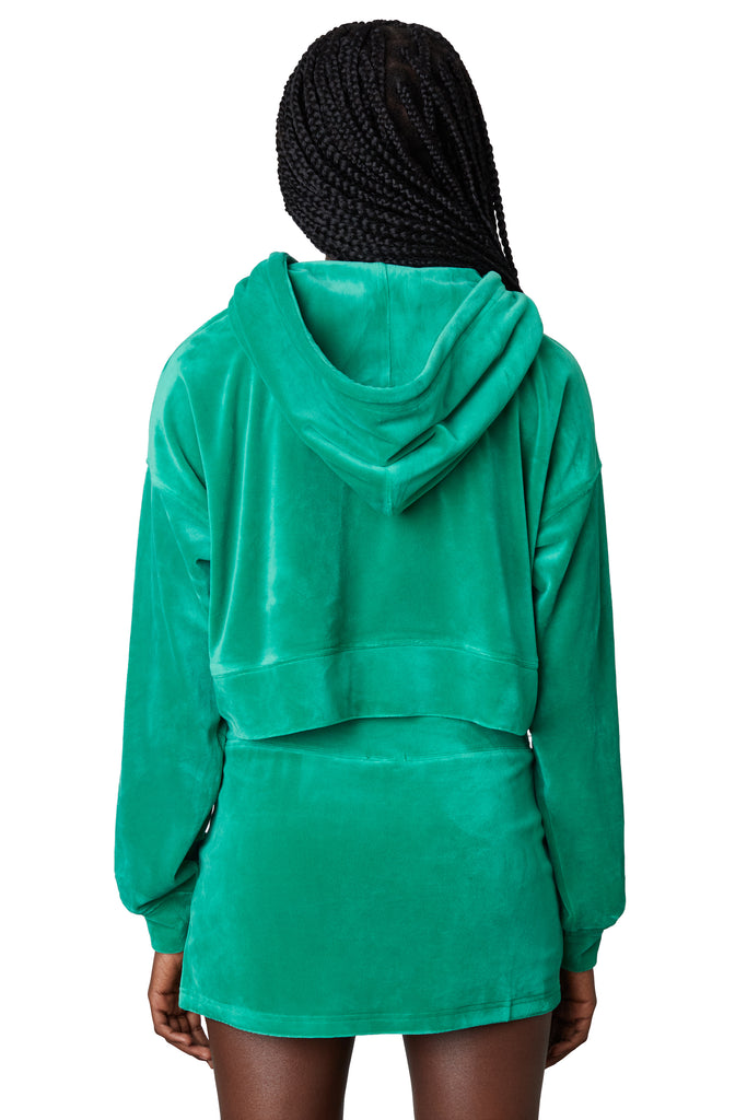 Cropped velour hoodie in ming green back 