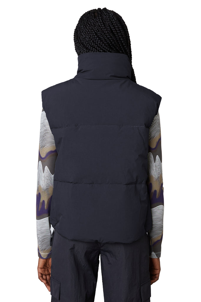 nylon puffer vest in black back view