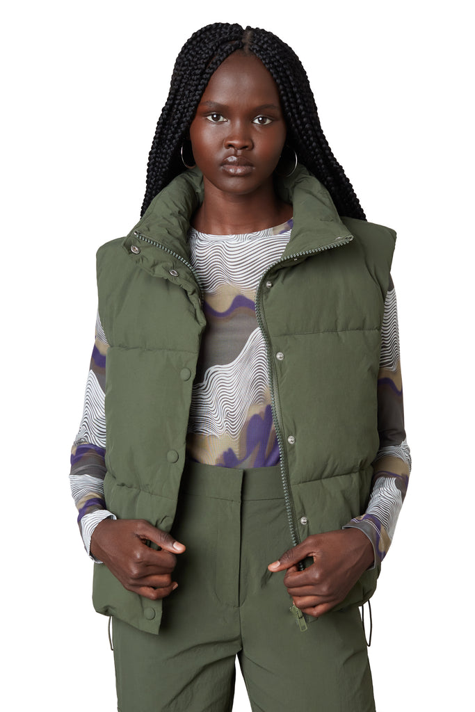 nylon puffer vest in olive front view