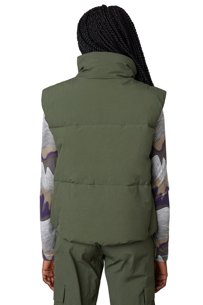 nylon puffer vest in olive back view