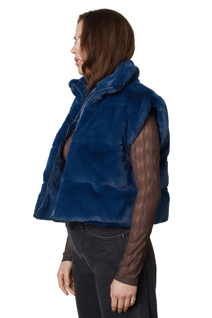 faux fur puffer vest teal side view