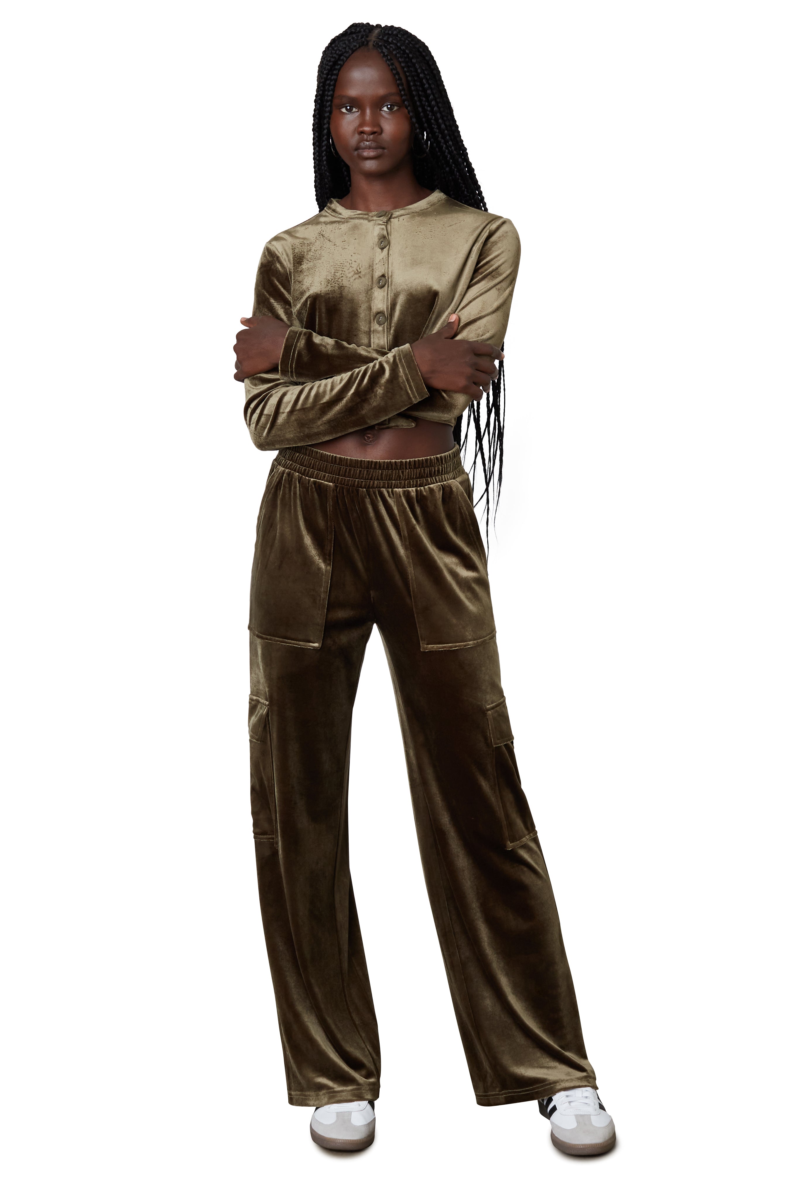 velour cargo pant in olive front view