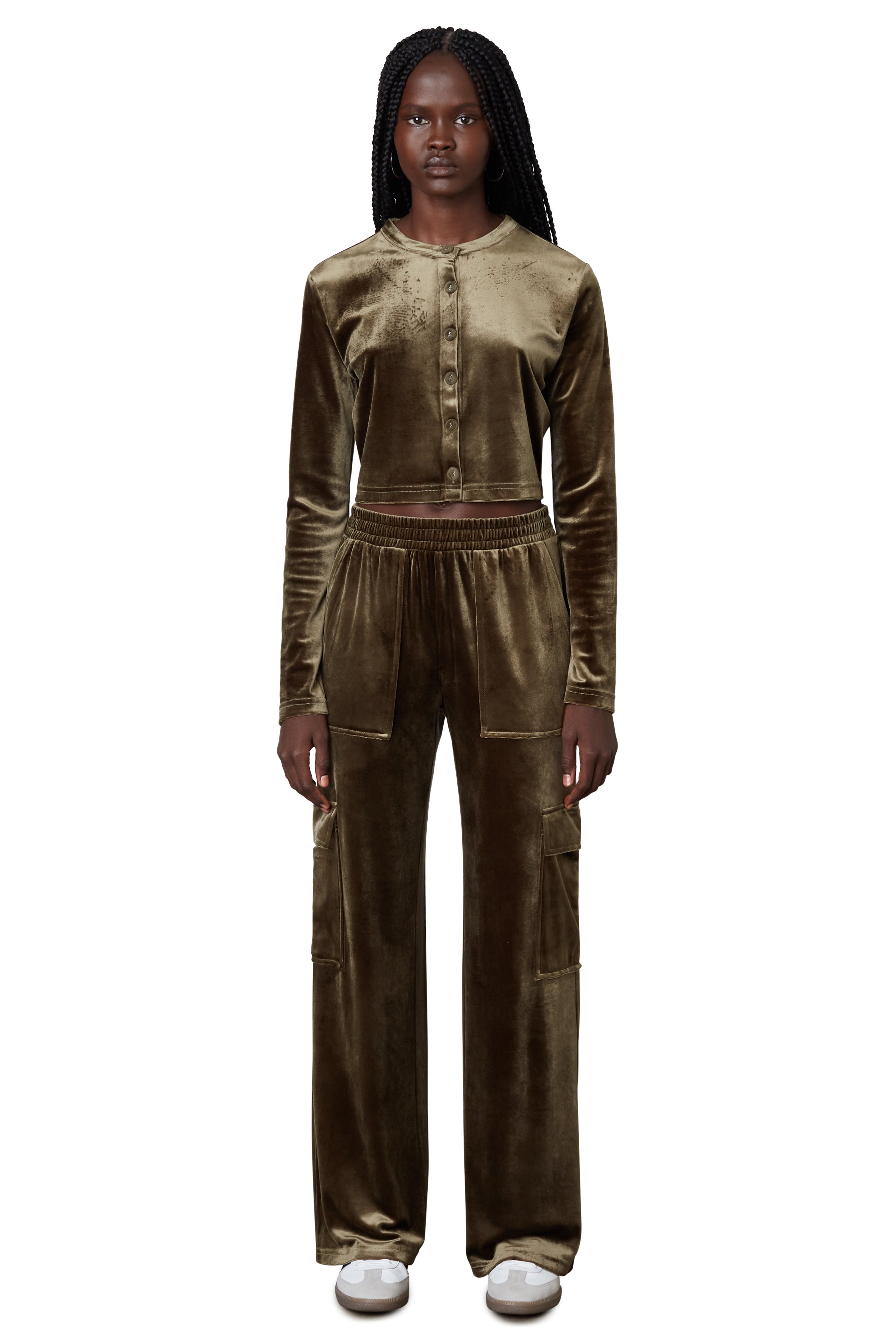 velour cargo pant in olive front view 2