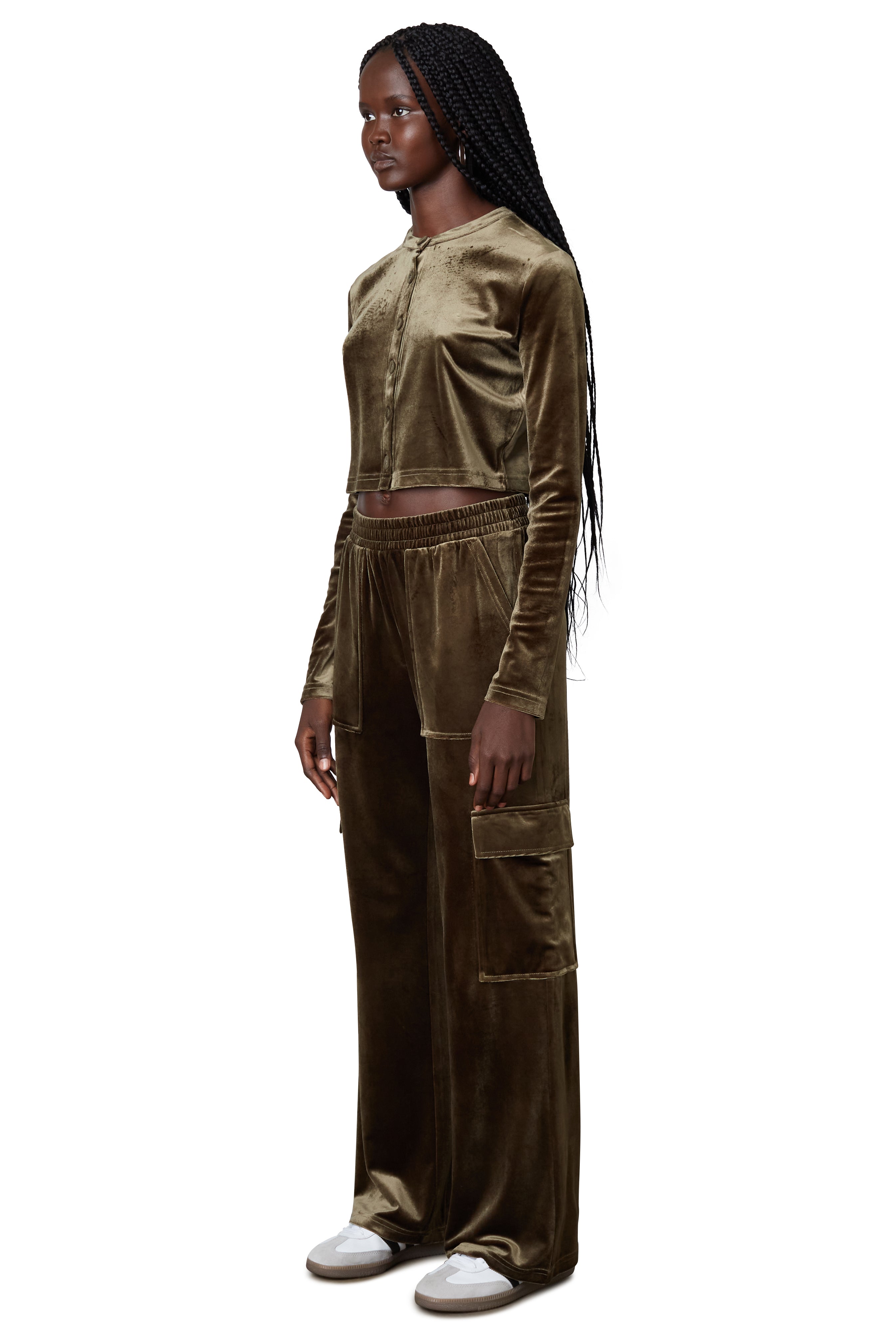velour cargo pant in olive side view