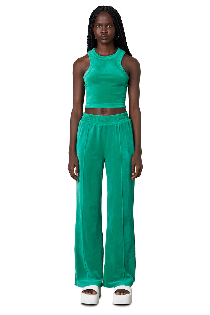 Velour Wide Leg Pant in ming green front view 2