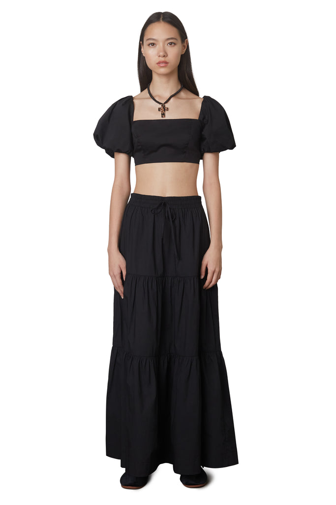 Cora Skirt in black: Peasant style maxi skirt with elastic waist and drawstrings. Fully lined. front view 2