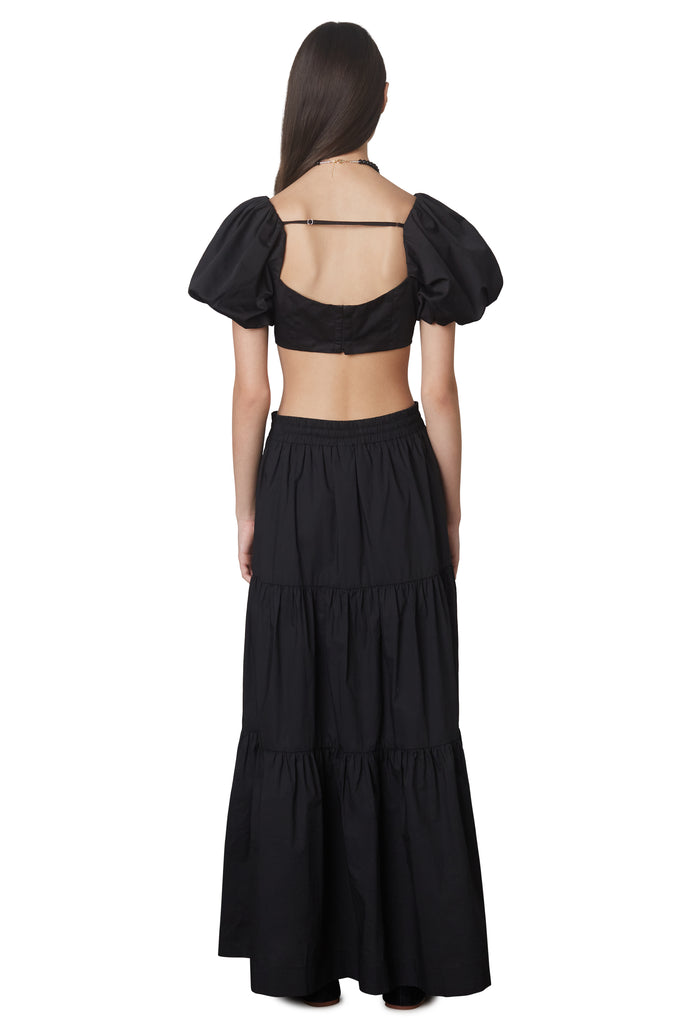 Cora Skirt in black: Peasant style maxi skirt with elastic waist and drawstrings. Fully lined. back view