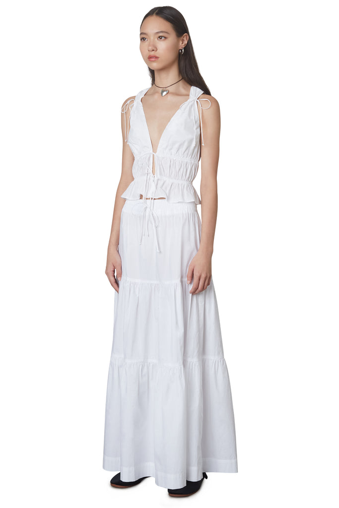 Cora Skirt in white: Peasant style maxi skirt with elastic waist and drawstrings. Fully lined. side view