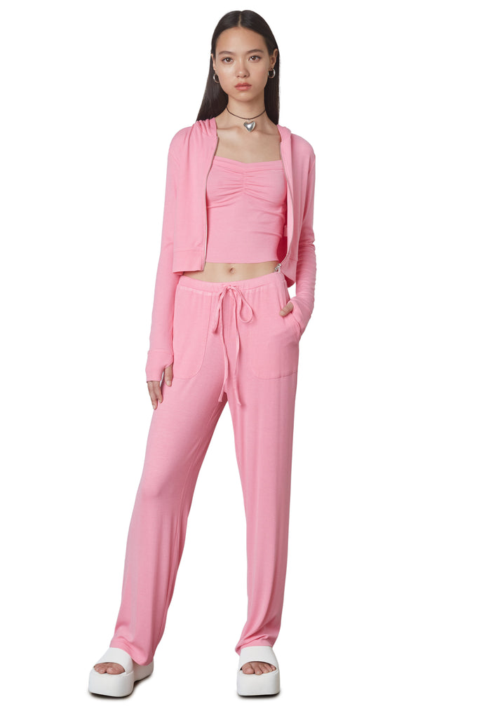 West Lounge Pant in Bubble Gum: Mid-rise straight leg lounge pant with elastic waistband and drawstring. Front view 2.
