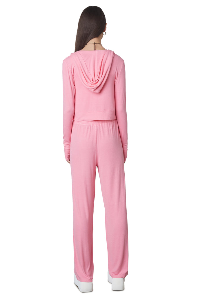 West Lounge Pant in Bubble Gum: Mid-rise straight leg lounge pant with elastic waistband and drawstring. Back view.