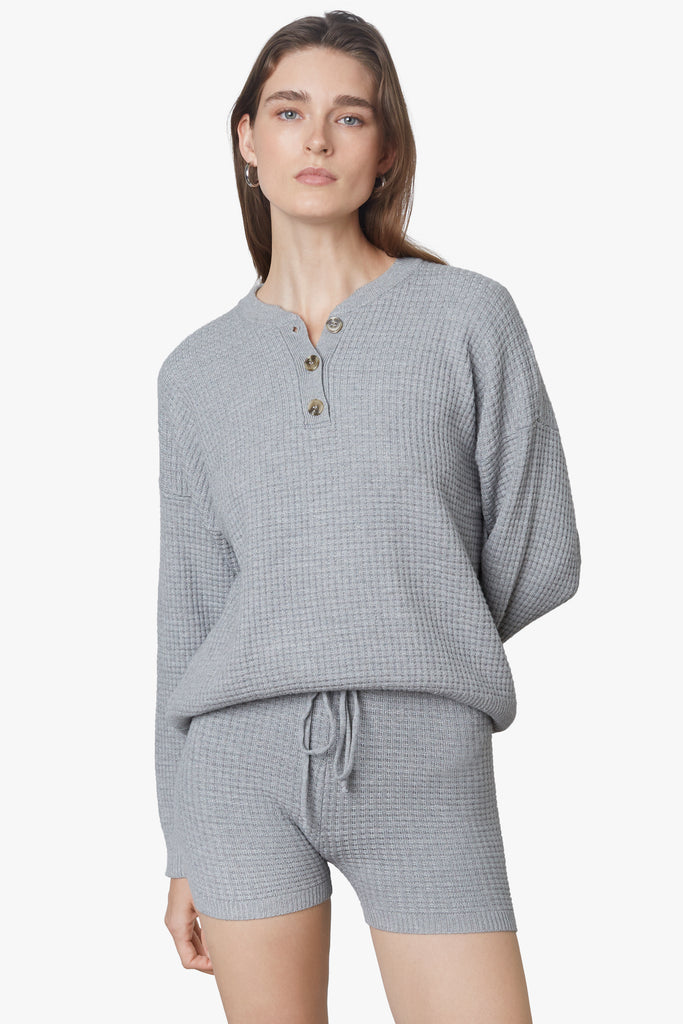 Waffle Knit Henley in Heather Grey Front Front 