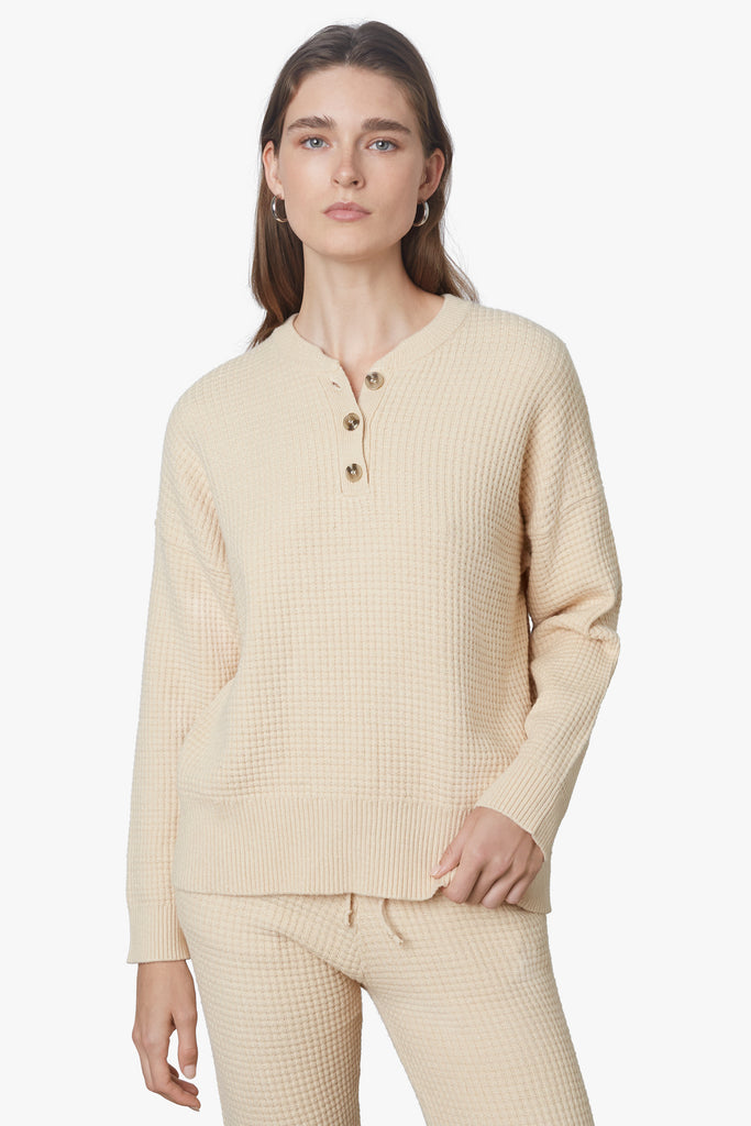 Waffle Knit Henley in Natural Front 