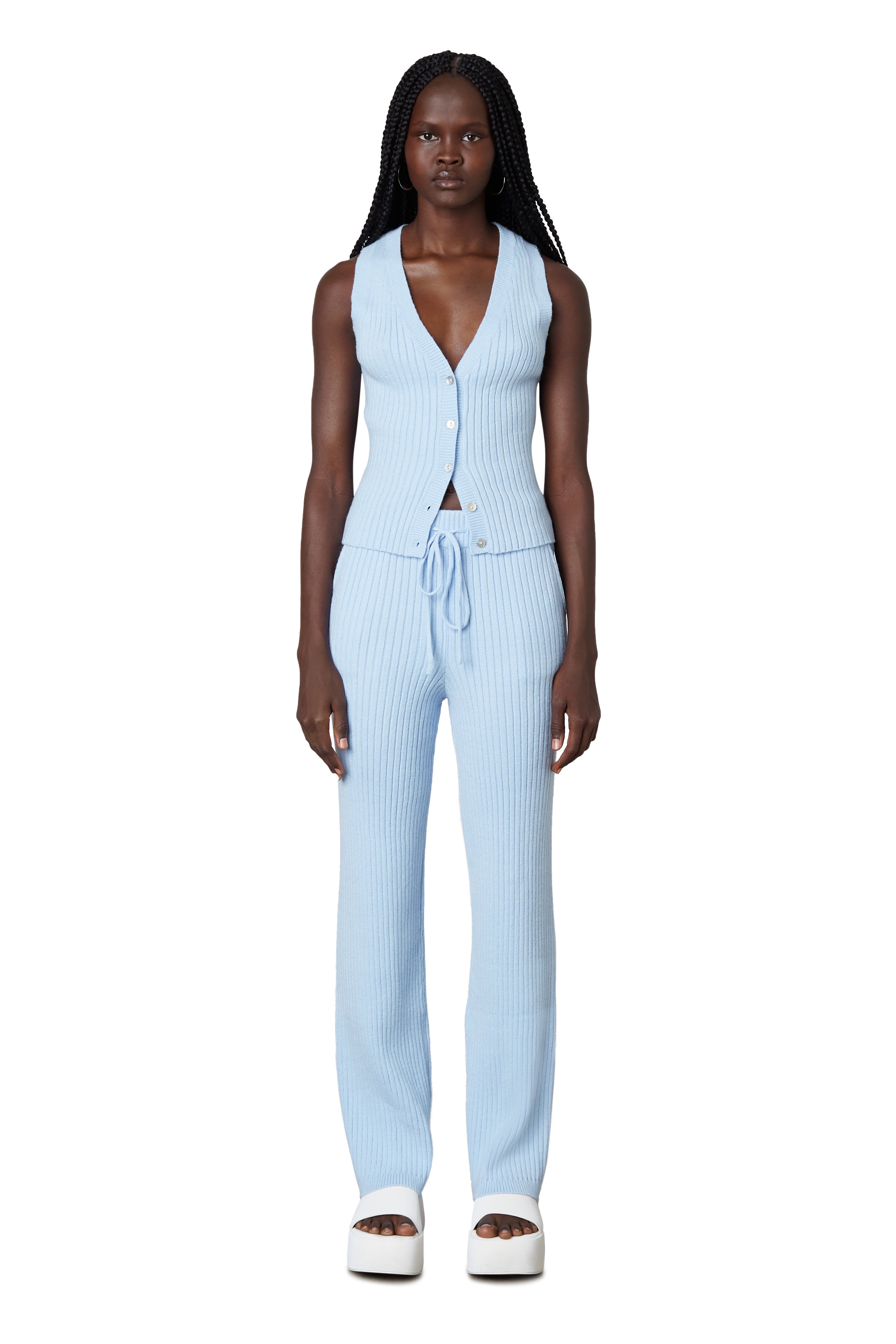 Ribbed Sweater Pant in chambray front view 2