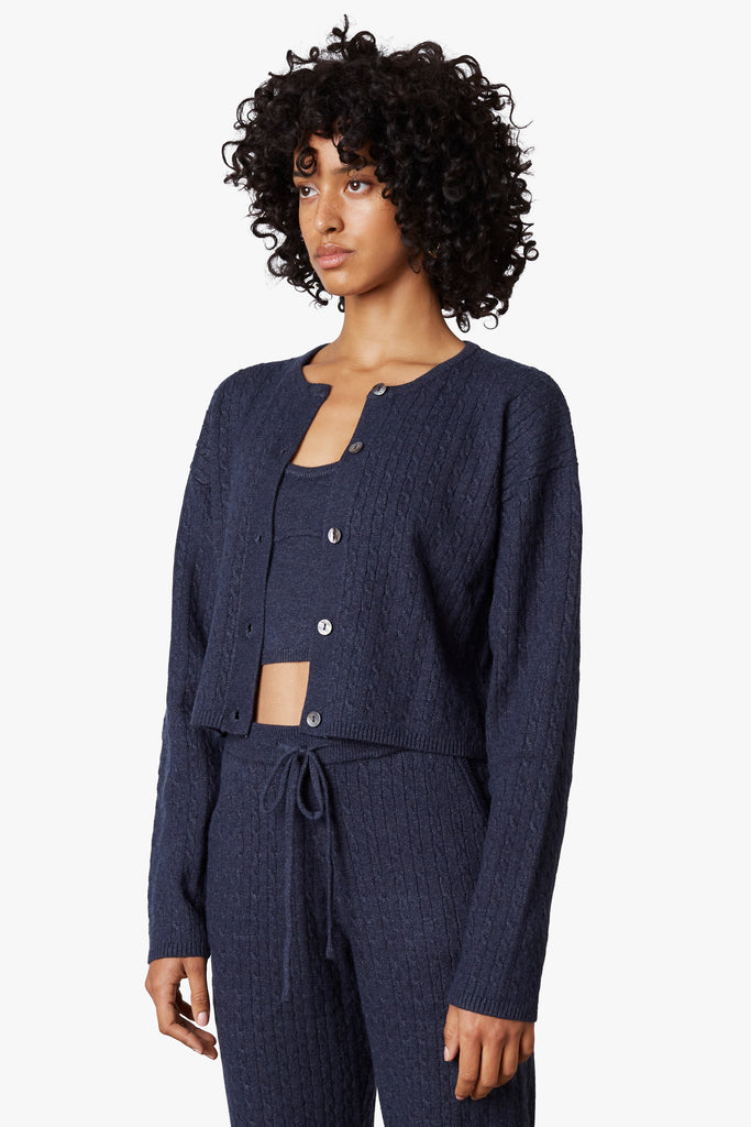 Cable Knit Twin Set in navy, side view