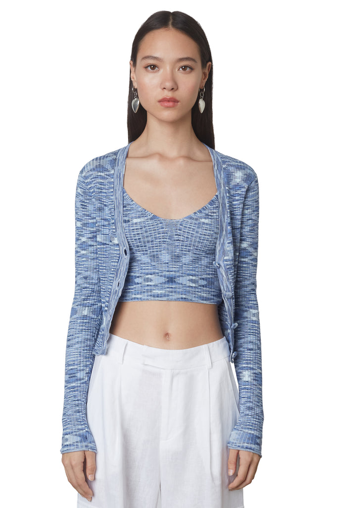 Cropped ribbed blue sweater button down cardigan with v-neck line and space dye pattern front view