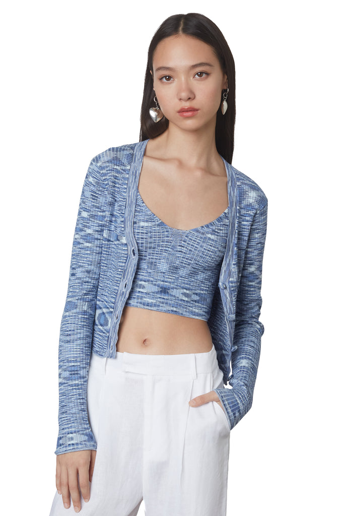 Cropped ribbed blue sweater button down cardigan with v-neck line and space dye pattern front view 2
