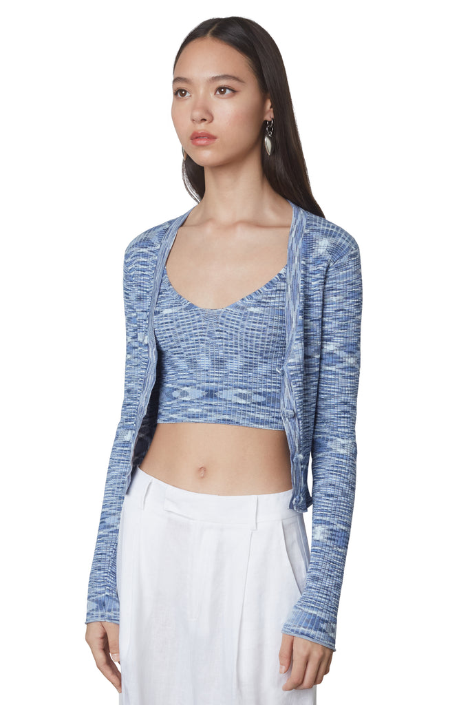 Cropped ribbed blue sweater button down cardigan with v-neck line and space dye pattern side view