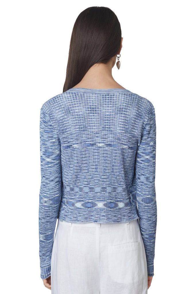 Cropped ribbed blue sweater button down cardigan with v-neck line and space dye pattern back view