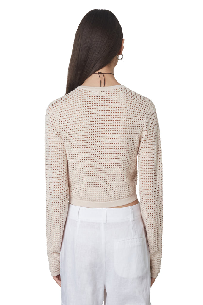 Sofia Cardigan in Natural: Cropped knit cardigan with mesh like knitting and keyhole details. Back view