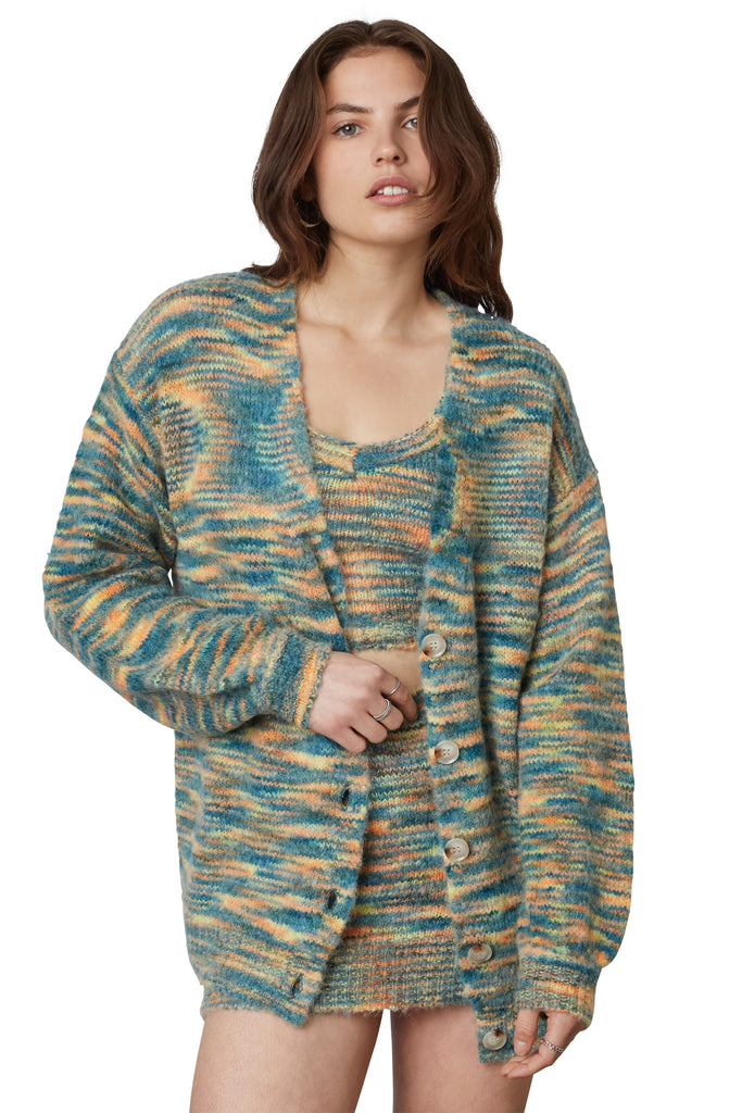 lila cardigan in teal multi front view