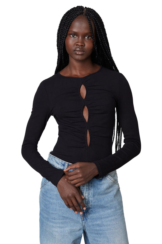 keyhole long sleeve tee in black front view