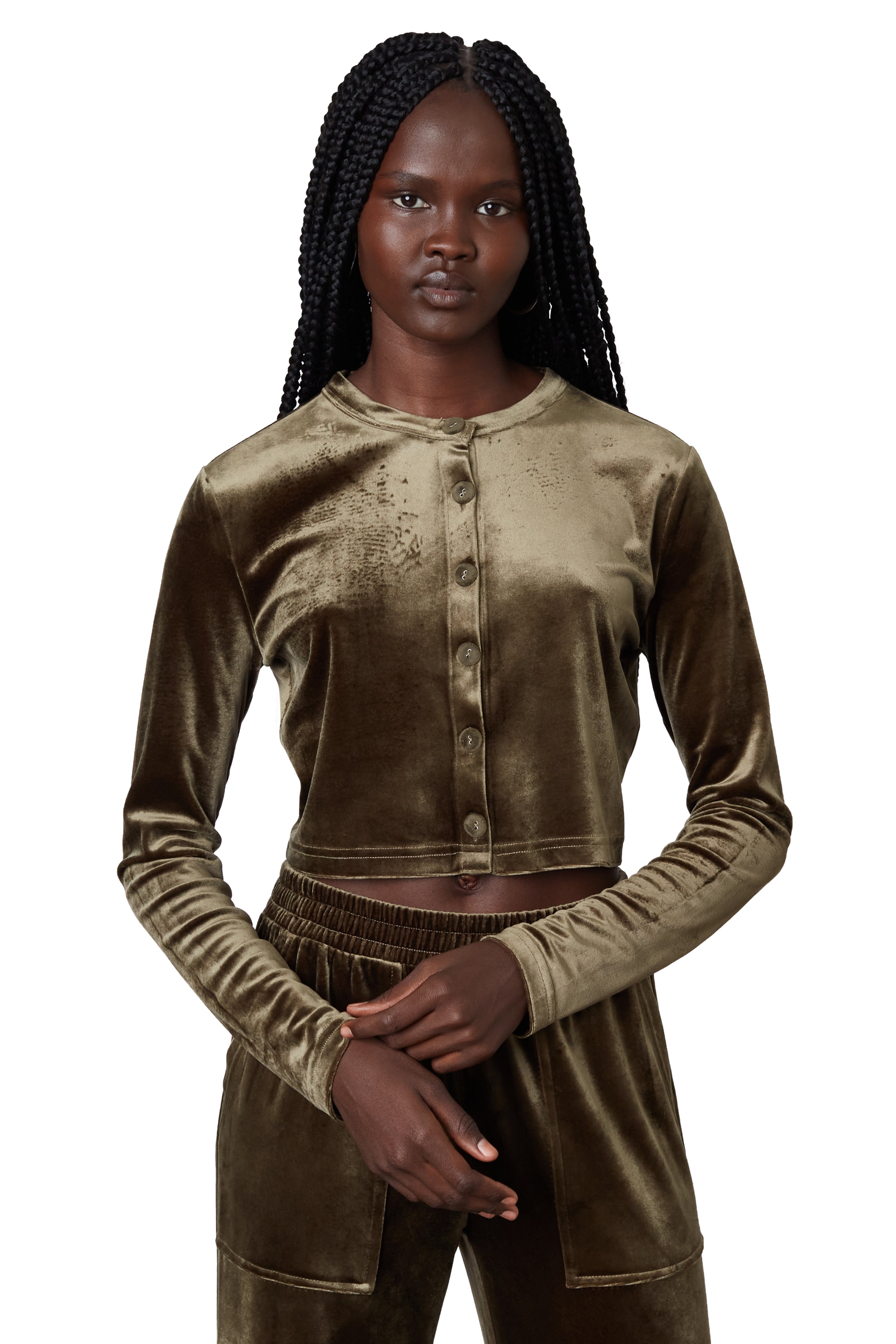 velour cardigan in olive front view
