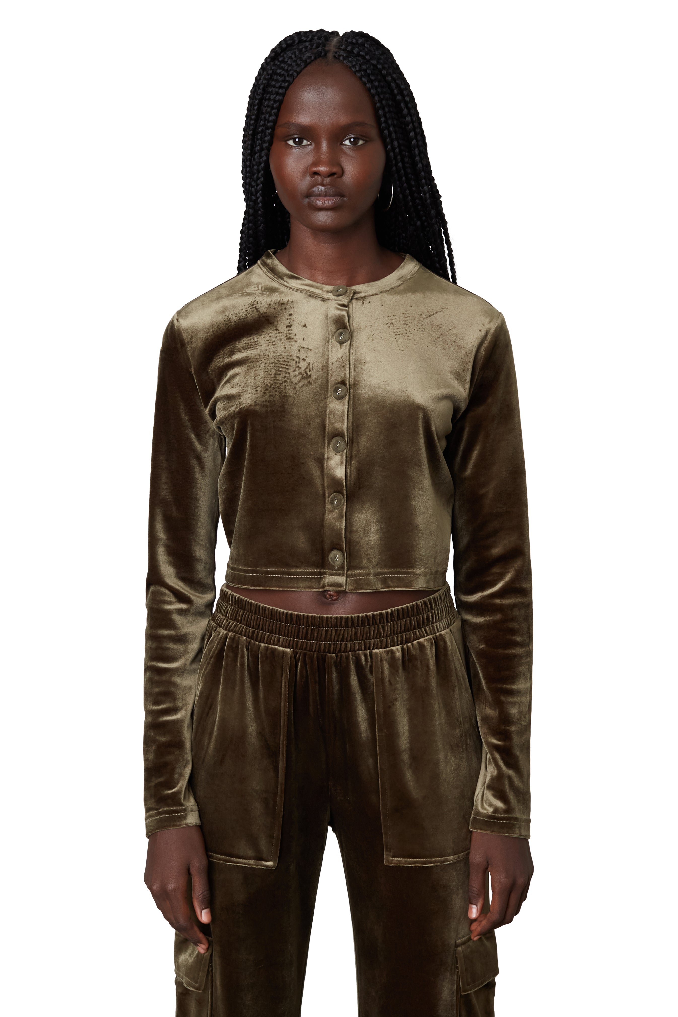 velour cardigan in olive front view 2