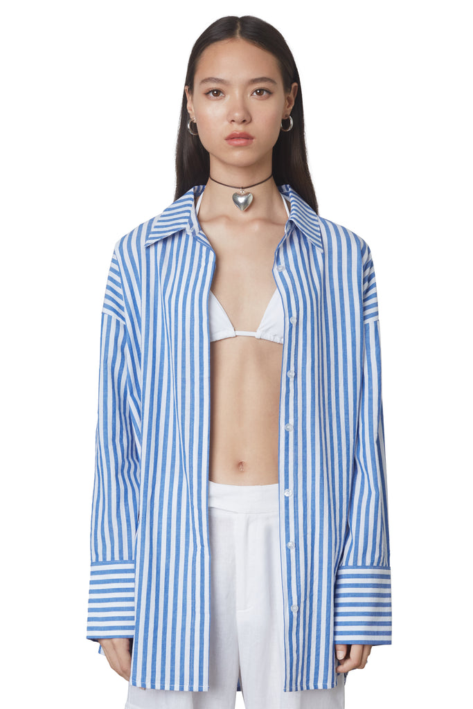 Tony Oversized Shirt in Cobalt: Oversized button down striped linen shirt with a hidden placket. Front view.