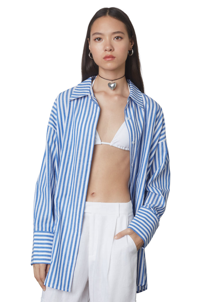 Tony Oversized Shirt in Cobalt: Oversized button down striped linen shirt with a hidden placket. Front view 2.
