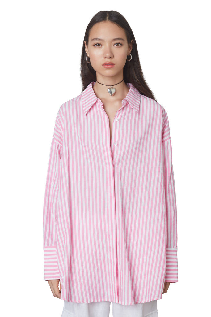 Tony Oversized Shirt in PINK: Oversized button down striped linen shirt with a hidden placket. Front view 2.
