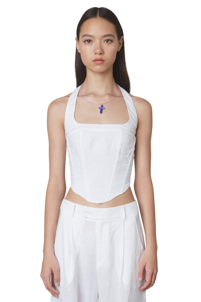 Mia Corset in White: Halterneck linen corset with boning and side zipper closure. Front view 2.
