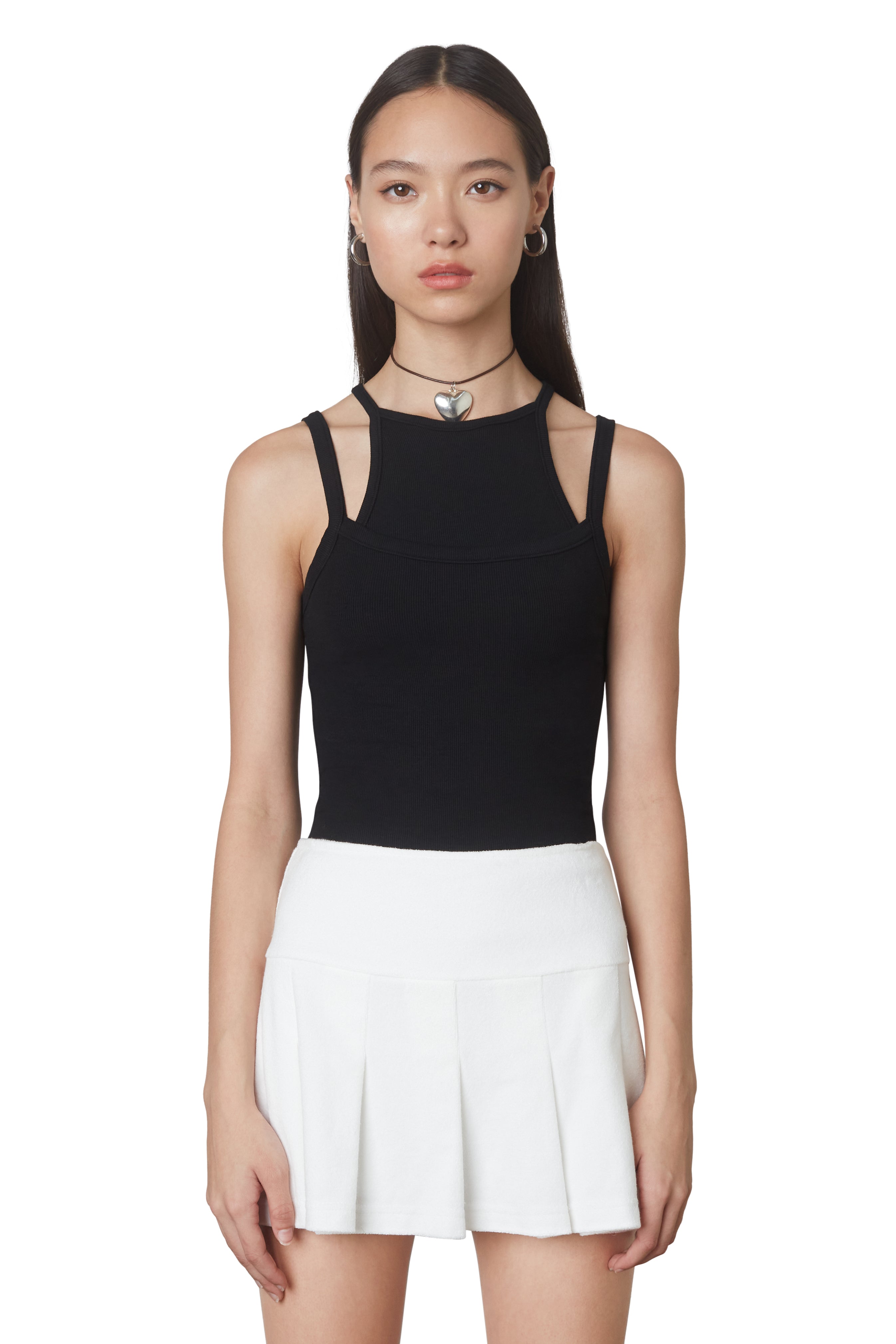 Soft ribbed double layered black tank top front view
