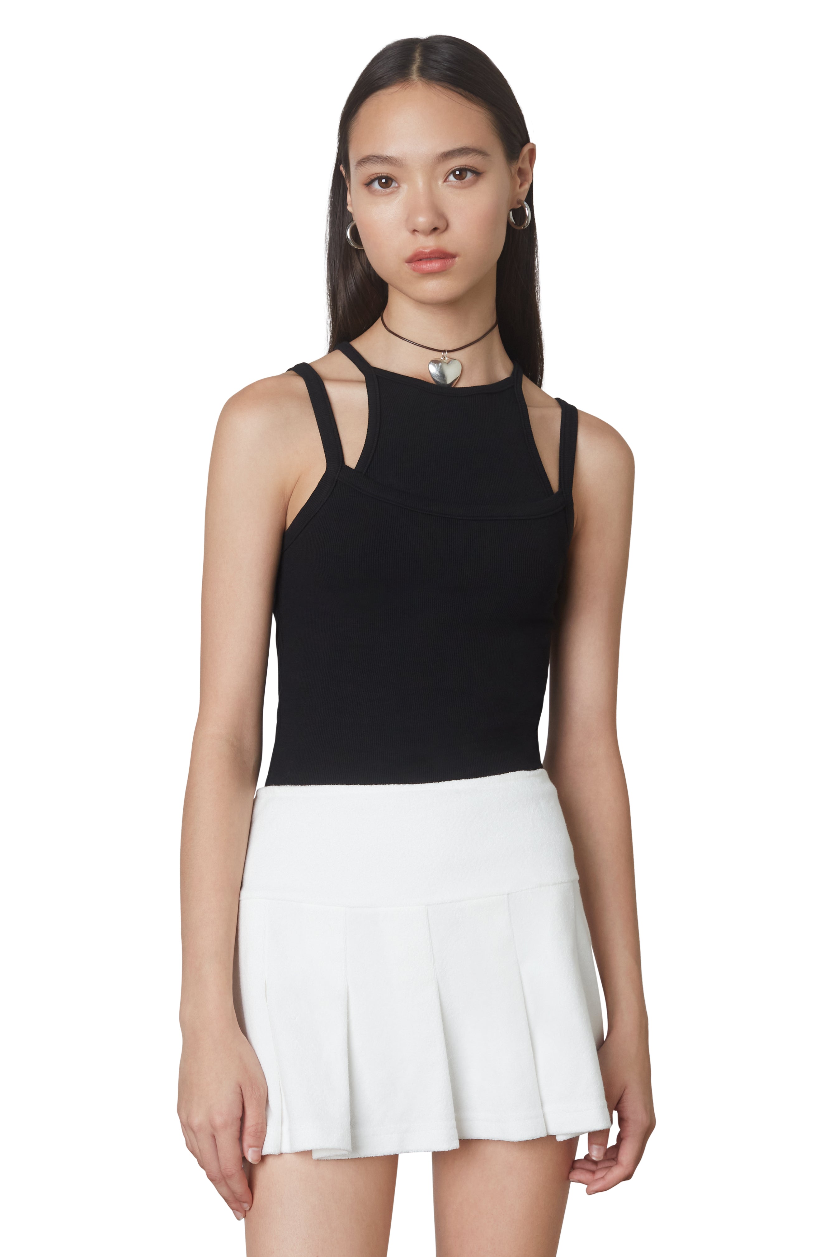 Soft ribbed double layered black tank top front view 2