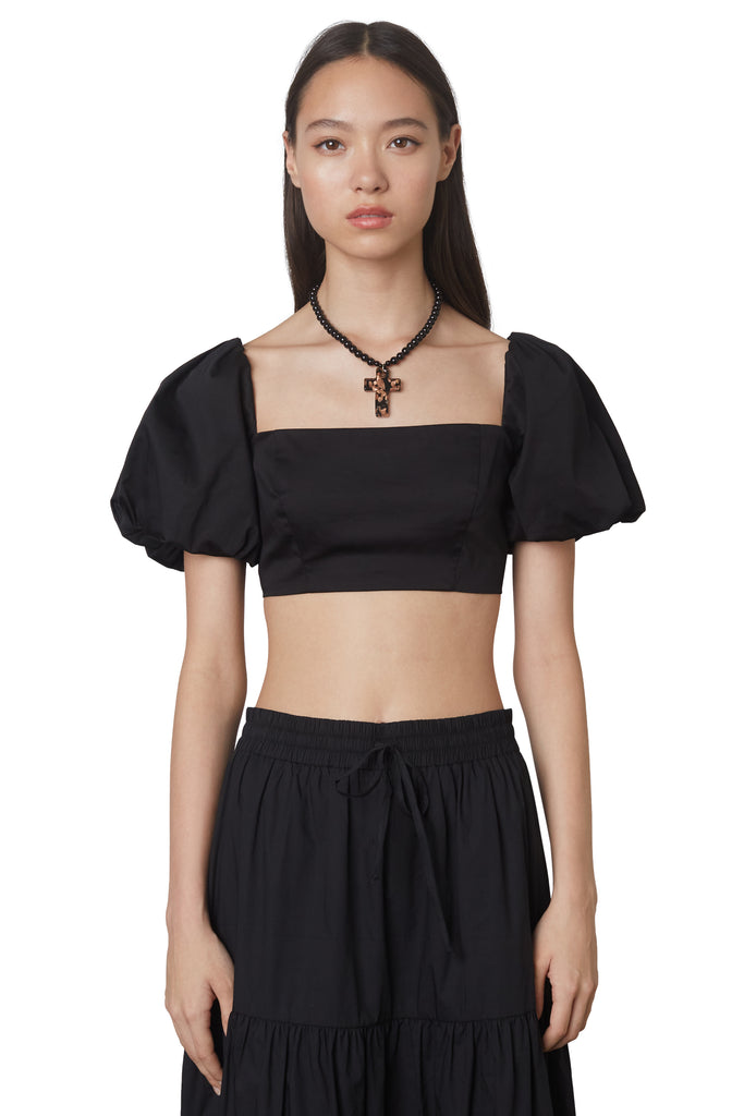 julianne top in black: Puff sleeve fitted crop top with hook and eye closures at back. Fully lined front view 2