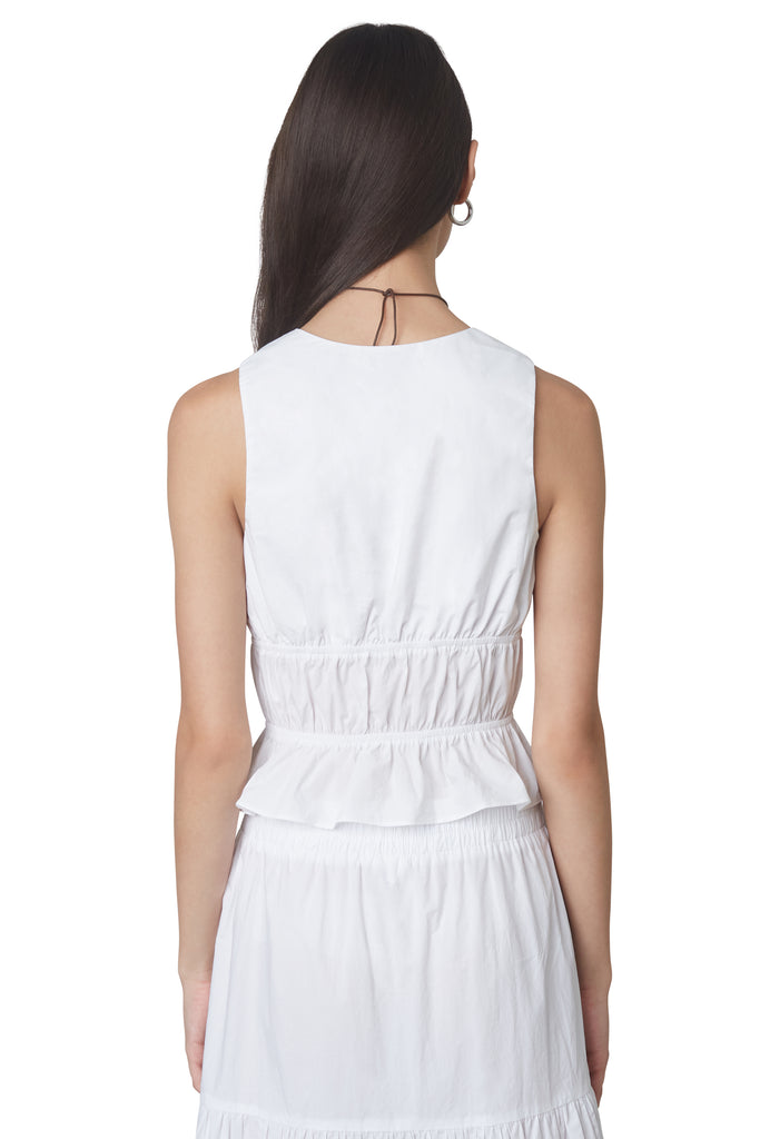 anya top in white: Poplin sleeveless blouse featuring open tie detailing at front and shirring throughout back view