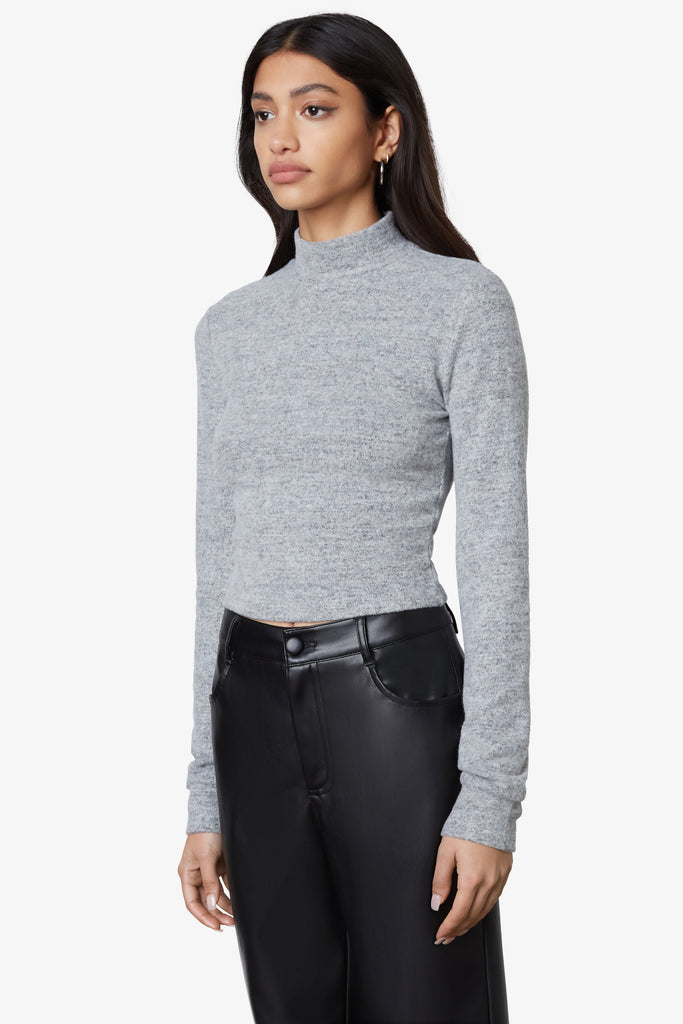 Mock Neck Hacci Top in grey, side view