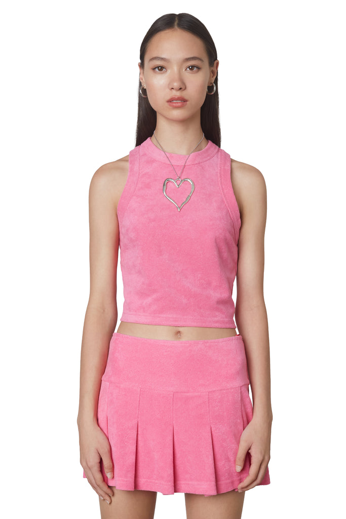 Lucerne Terry Tank in Pink: Cropped terrycloth racer neck tank top. Front view.