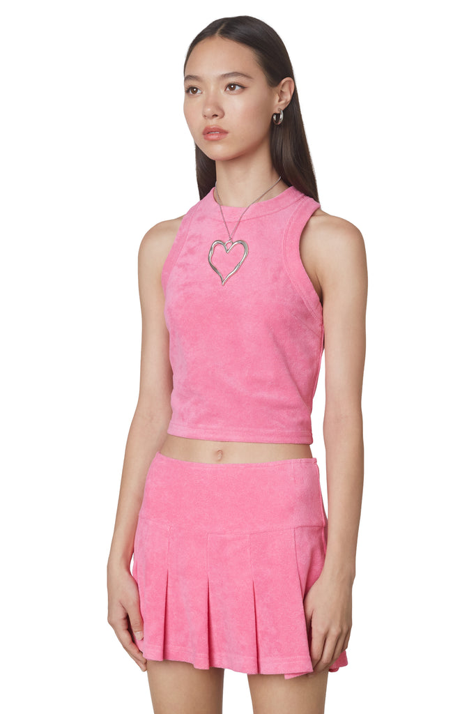 Lucerne Terry Tank in Pink: Cropped terrycloth racer neck tank top. Side view.