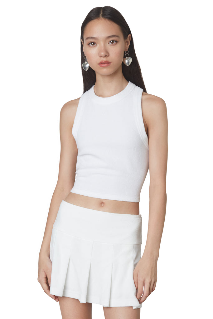 Lucerne Terry Tank in White: Cropped terrycloth racer neck tank top. Front view 2.