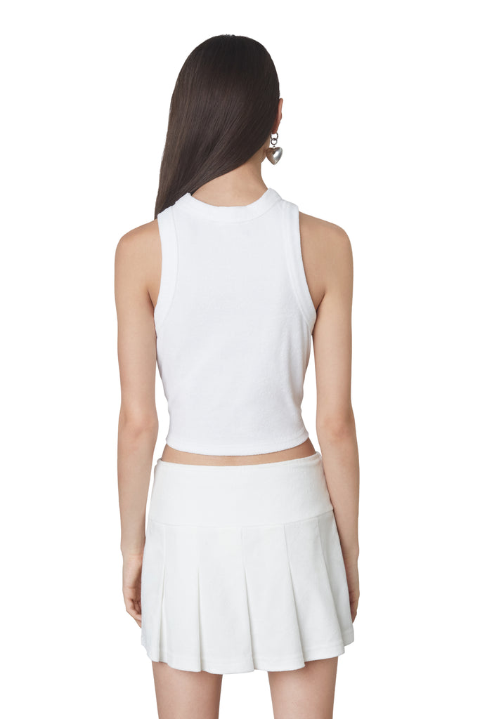 Lucerne Terry Tank in White: Cropped terrycloth racer neck tank top. Back view.