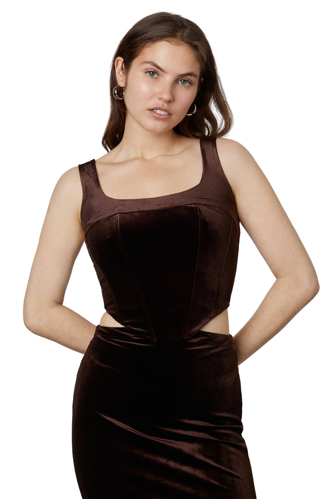 lera corset - velvet in chocolate front view