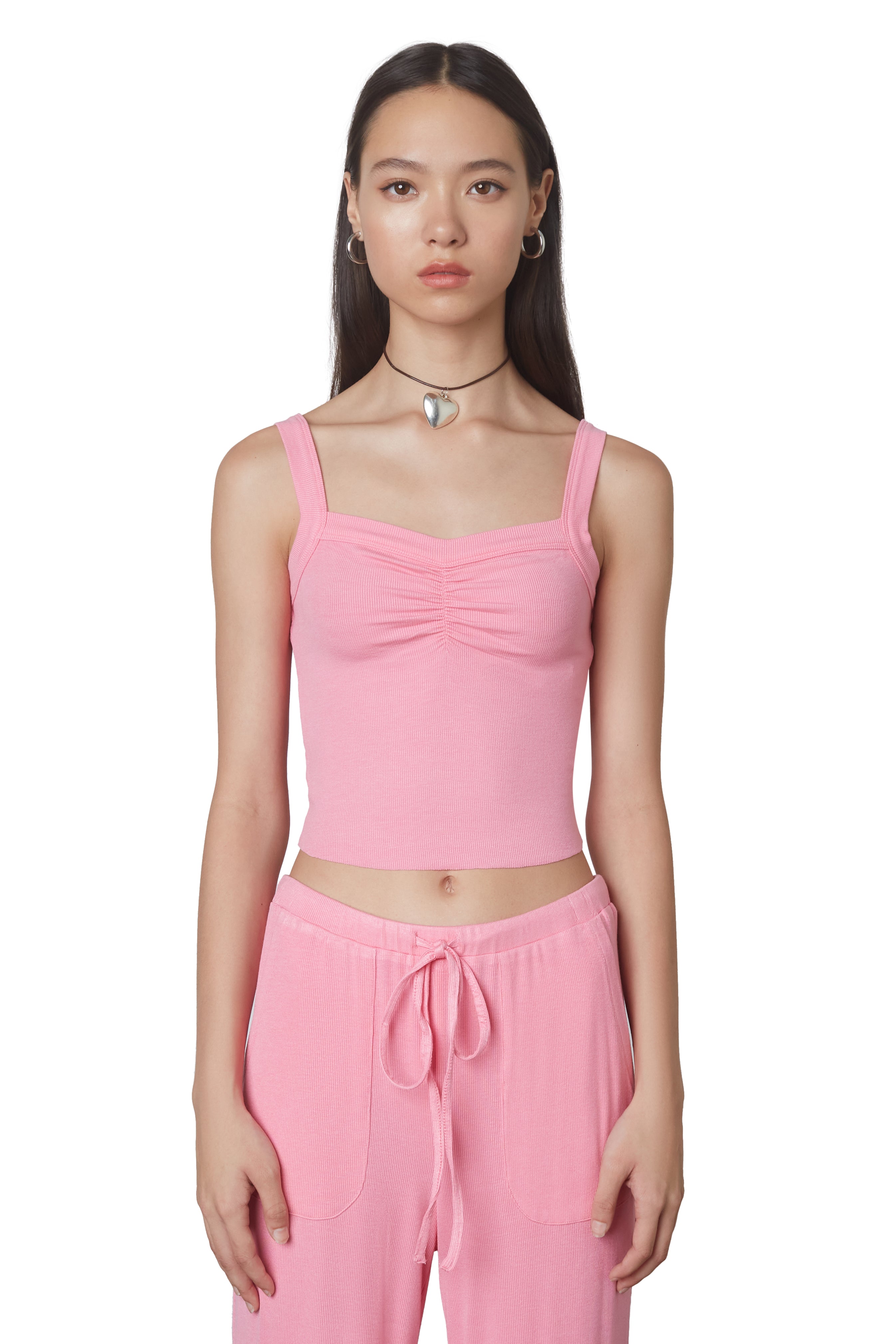 Sweetheart Hacci Tank in Bubblegum: Super soft cropped camisole tank featuring a sweetheart shape neckline and ruching details. Front view.
