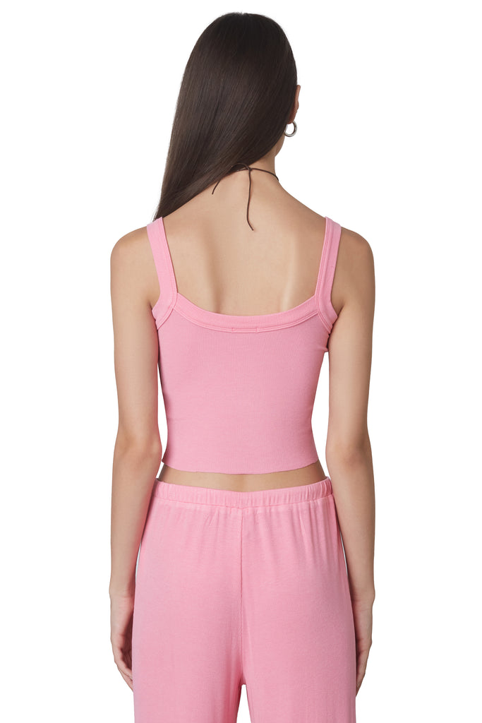 Sweetheart Hacci Tank in Bubblegum: Super soft cropped camisole tank featuring a sweetheart shape neckline and ruching details. Back view.