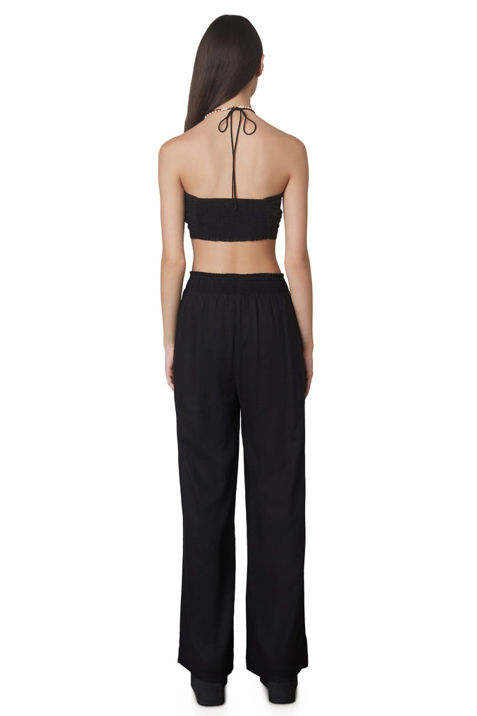 Mallorca set in black: Two-piece linen set includes multi-wear crop top and wide legged pull-on linen pant back view